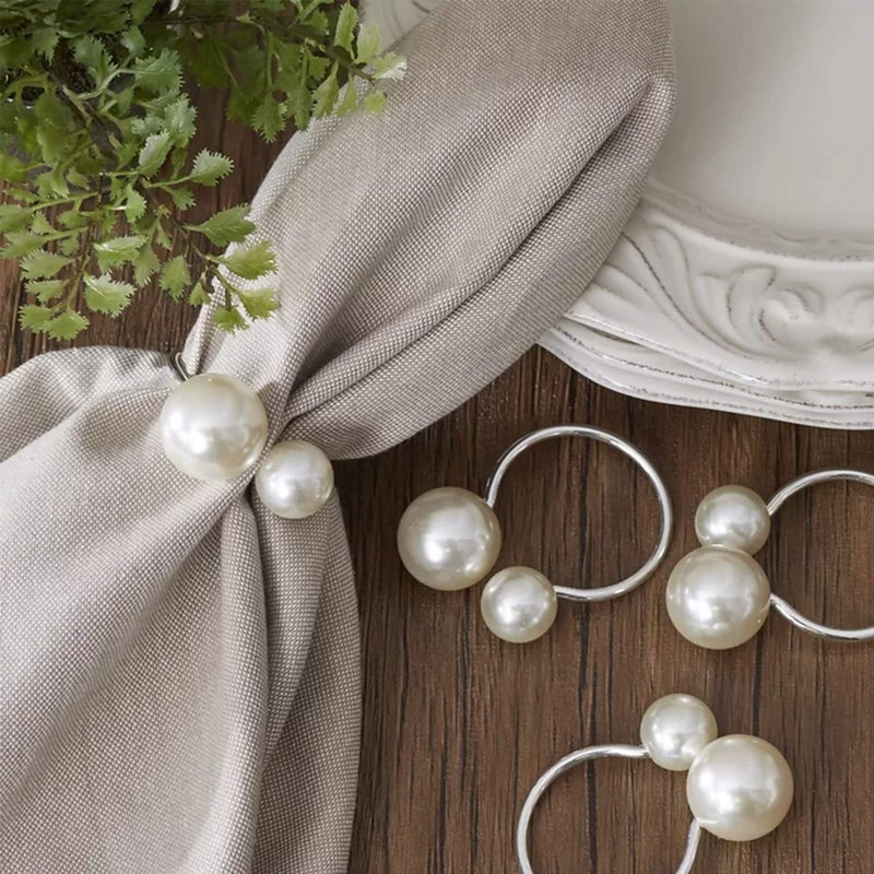 wonlex Silver Napkin Rings Set of 12, Pearl Serviette Buckle Napkin Holder for Xmas, Family Gathering, Dinner Party, Wedding Decor (2 Silver Pearls) - Image 2